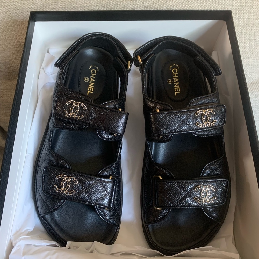 Chanel Dad Sandals Black Caviar Dad Sandal GoldCC Logo Mule Slide Flat size37.5 - Picture 10 of 10